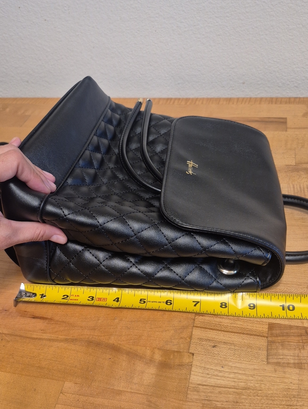 Harrods Quilted Black Backpack Textured Diamond Pattern Gold Tones - Picture 9 of 11